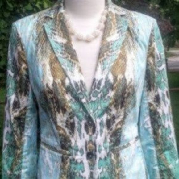Paperwhite reptile print 2 button blazer mint green aqua blue brown white - Picture 2 of 8